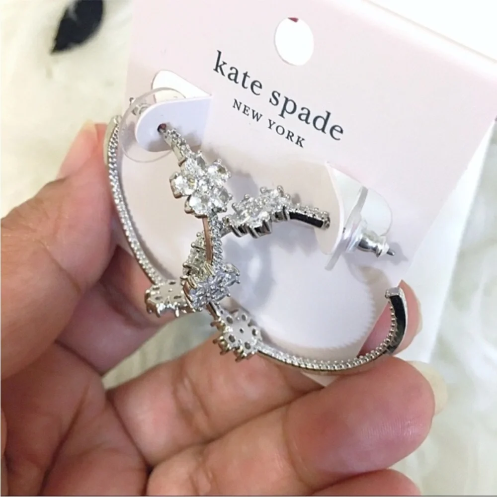 Kate Spade Gleaming Gardenia Flower Silver Diamond Hoop Earrings